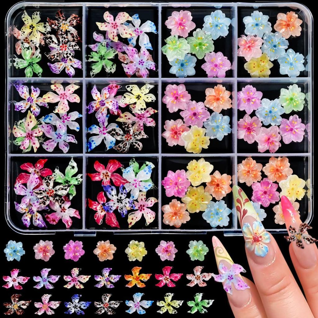 Kit 12 Grade Flores de Resina 3D para Unhas Acessórios de Nail Art para Unhas Postiças Decoração Floral Colorida DIY