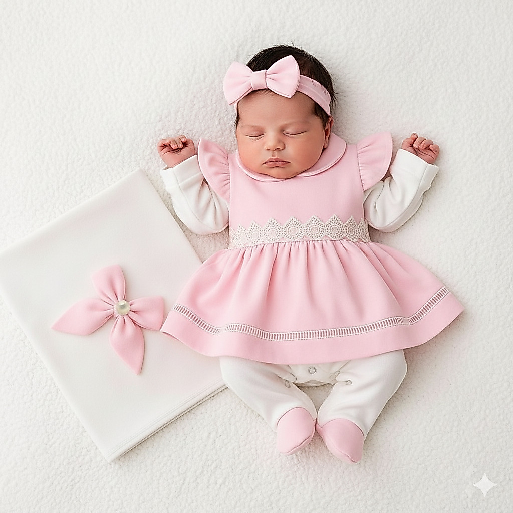 Kit Saída de Maternidade para Bebê Menina com Vestidinho liso 100% Algodão 04 Peças com Vestidinho