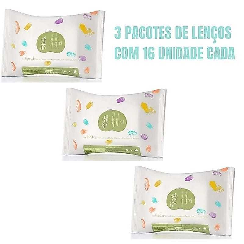 Conjunto com 3 Pacotes de Lenço Mamãe e Bêbe com Fragância contém 16 folhas em cada pacote