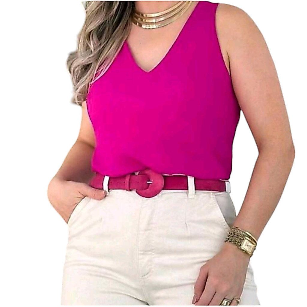Blusa Regata Gola V Feminina Alça Larga Grossa Alfaiataria Tendência Regata Lisa Básica Elegante