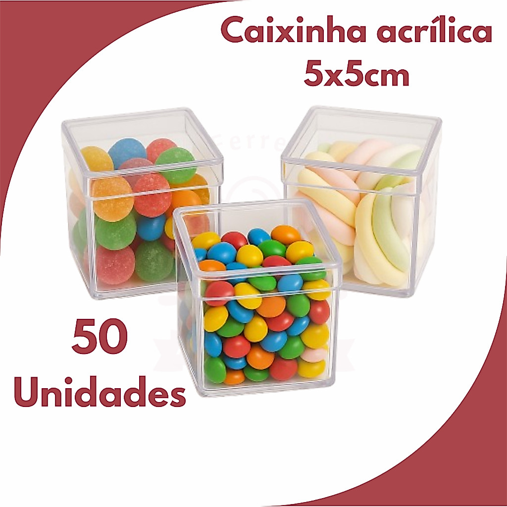KIT 50 Caixinhas Acrílicas 5x5 cm Transparente - Aniversário Lembrancinha Festa