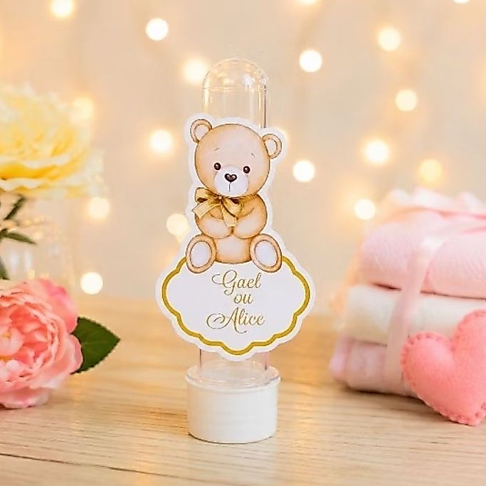 Aplique Para Tubete Ursinho Dourado Chá Revelação Personalizado | Festa Infantil