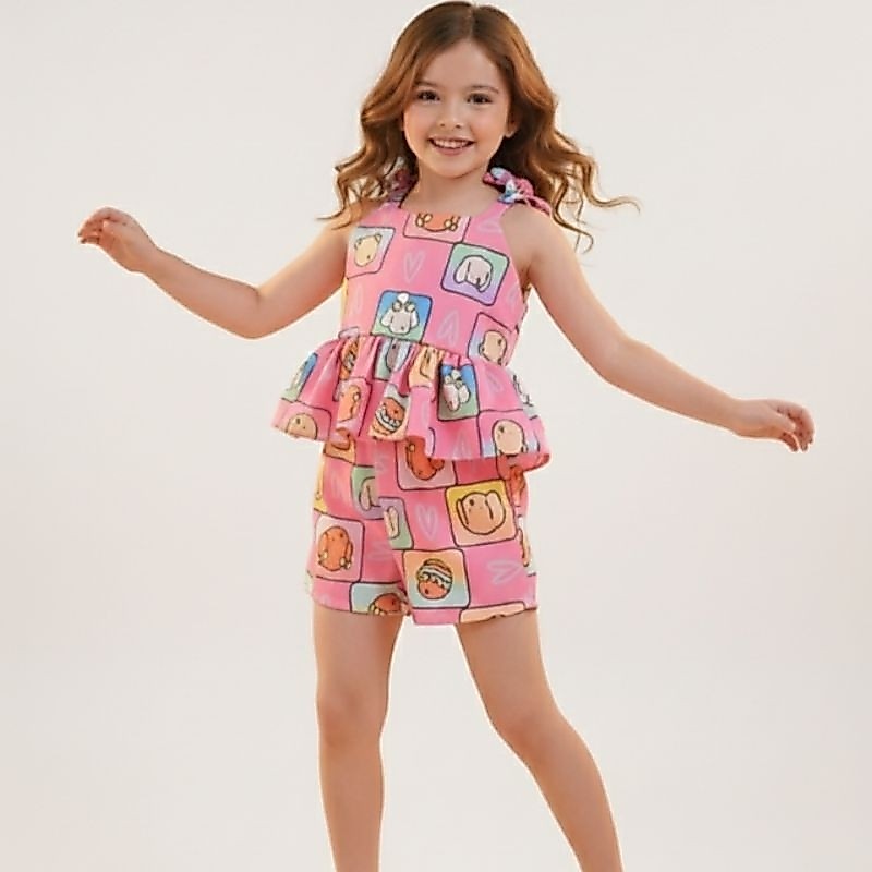Conjunto Infantil Feminino Verão – Blusa Peplum + Short Estampado Colorido, estampas sortidas - 2 a 10 anos