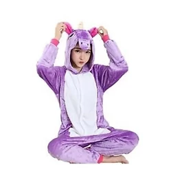 Kigurumi Infantil de Unicornio Fantasia Pijama de Inverno Quentinho com Capuz Bordado Roxo pra Meninas