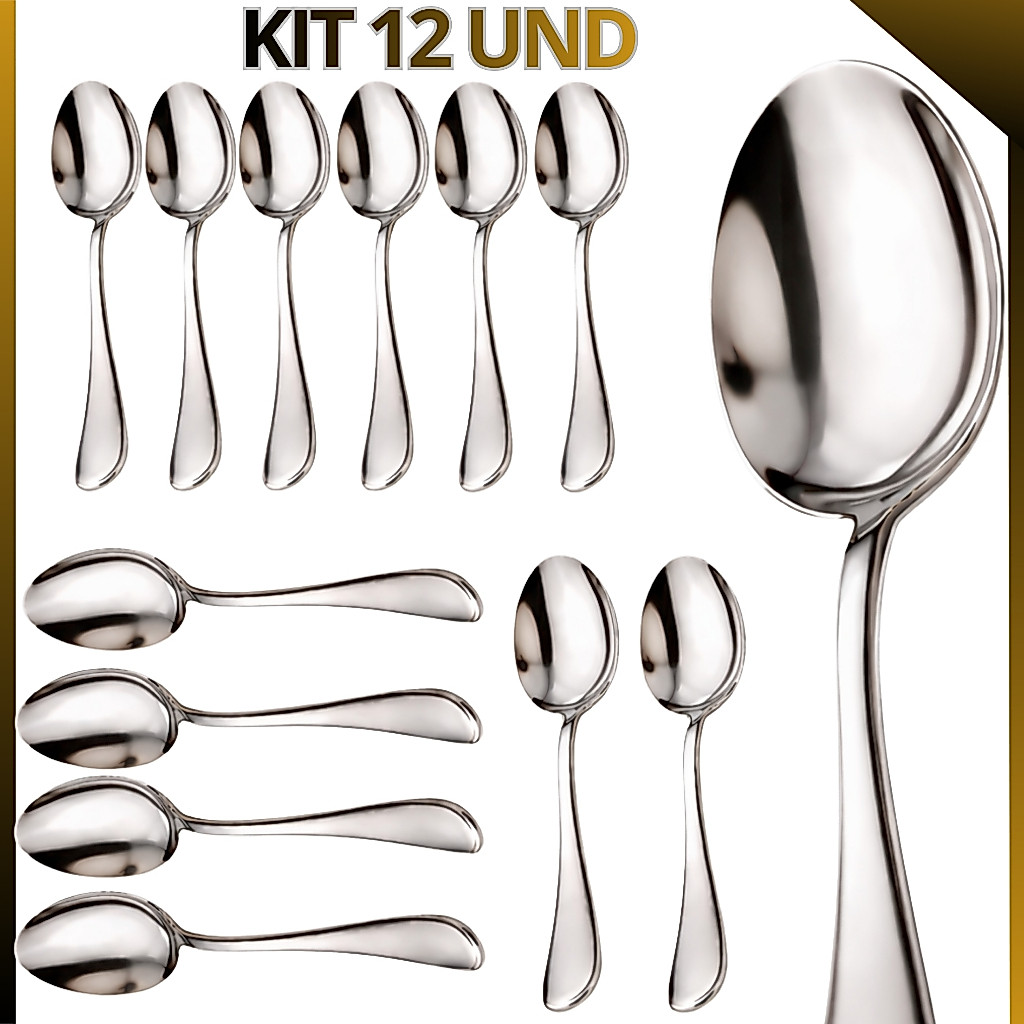 Kit de Colheres Inox 12 Peças Colheres premium  de Mesa Resistentes Perfeitas para Cozinha Restaurante dia a dia