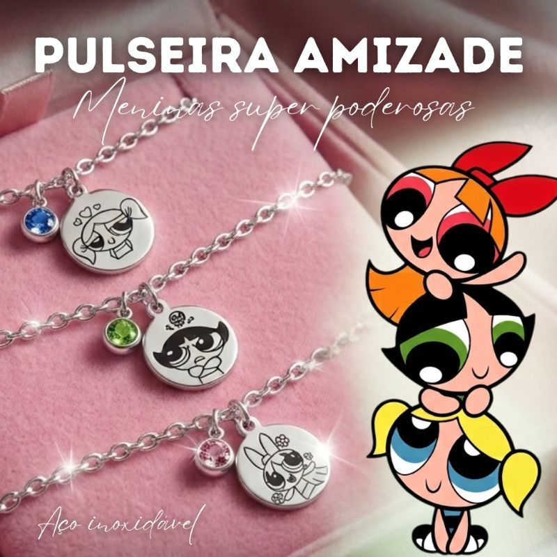Trio pulseiras ou colar amizade meninas super poderosas personalizada aço inox (LEIA A DESCRIÇÃO)