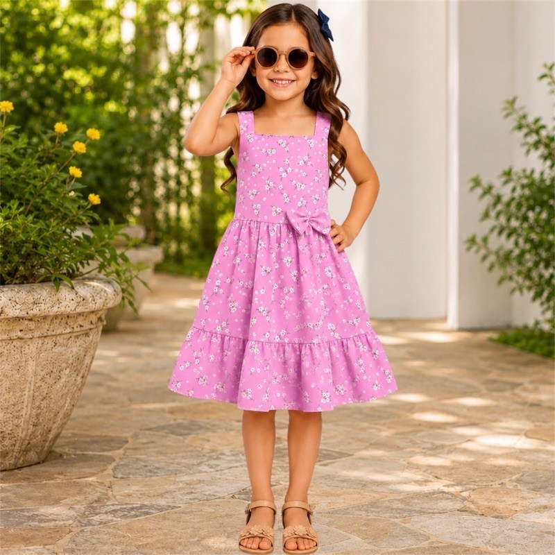 Vestido Infantil Menina Floral Rodado Crepe Duna Com Laço Festa Aniversário