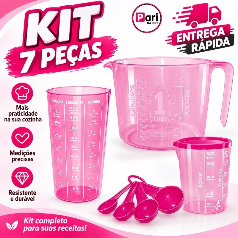 Kit Medidores 7 Peças Copo Jarra Dosadores Colher Medidora Rosa