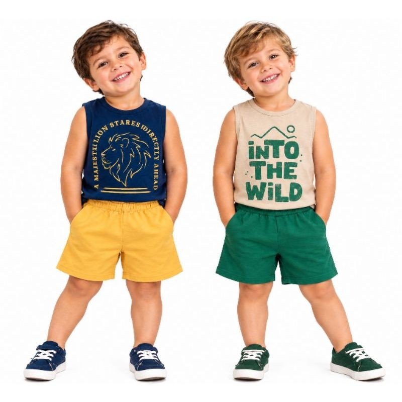 Kit 2 Conjuntos Infantil Masculino Verão Algodão Estampas Sortidas