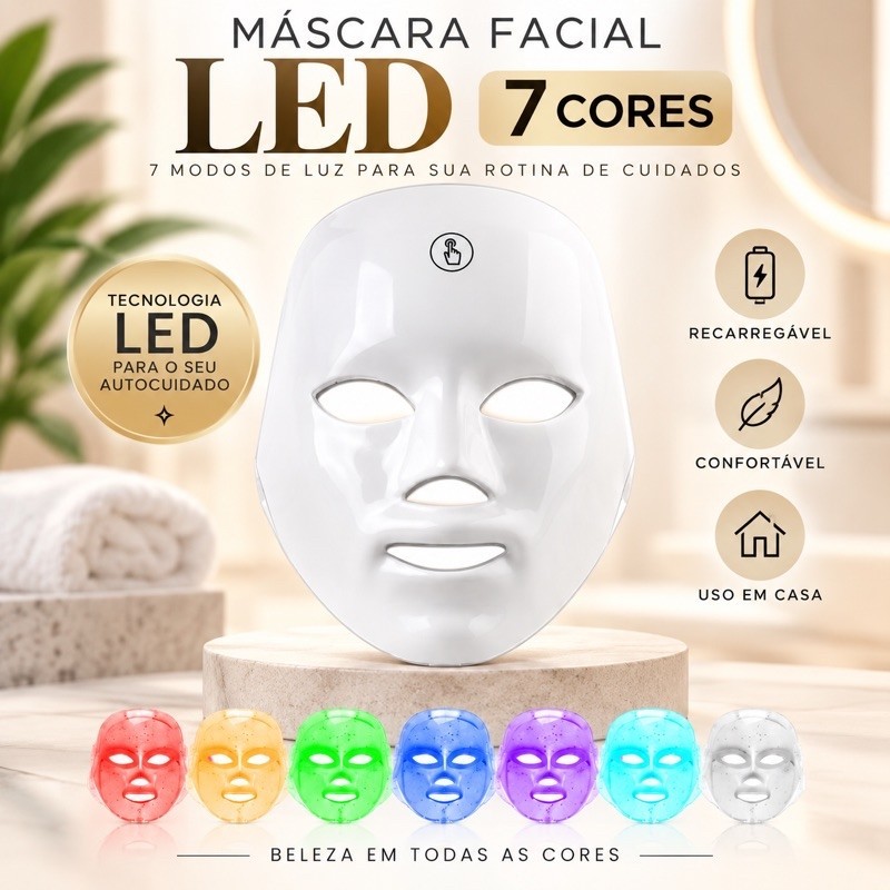 Máscara Facial LED 7 Cores Recarregável – Fototerapia para Cuidados com a Pele