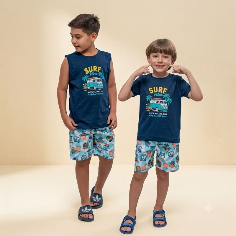 Conjunto Infantil menino Premium - Camiseta Algodão e Short Tactel - Tamanhos 2 ao 14