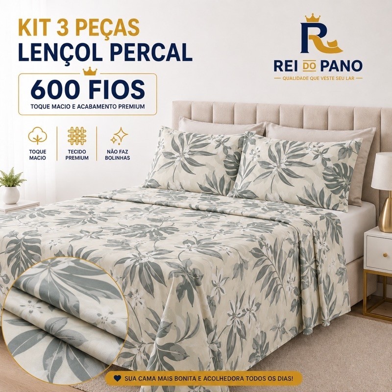 Kit Lençol 3Pçs Percal 600 Fios Casal Queen Linha Premium Luxo