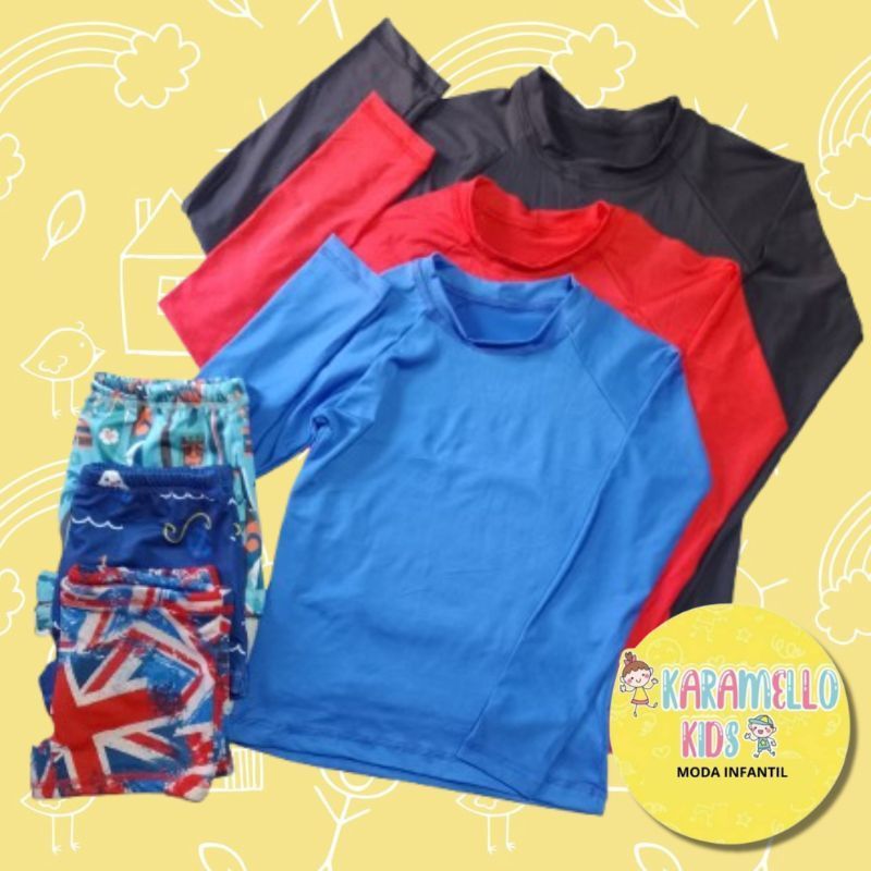 Sunga infantil juvenil com camisa com proteção solar 50% UV moda praia menino masculino