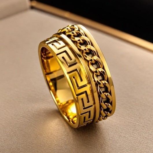 Anel Masculino Dourado Luxo Aço Inox Corrente Spinner Antiestresse