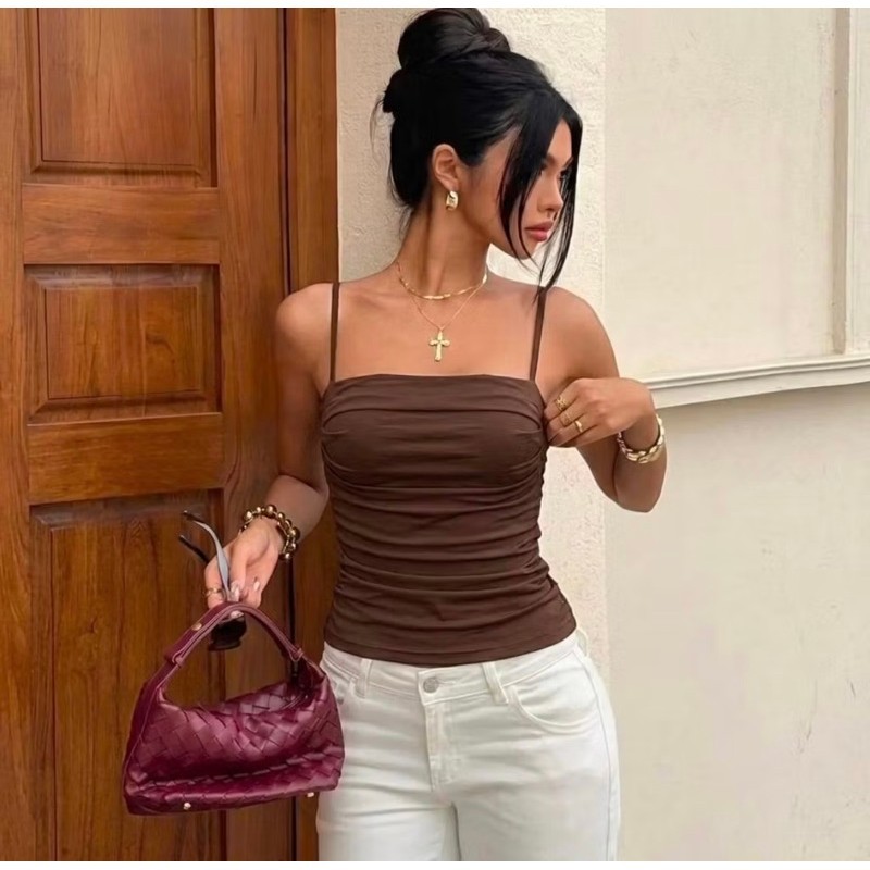 Regata blusa plissada POLIAMIDA premium básica moda feminina blogueira  drapeada forro duplo decote fitness alcinha