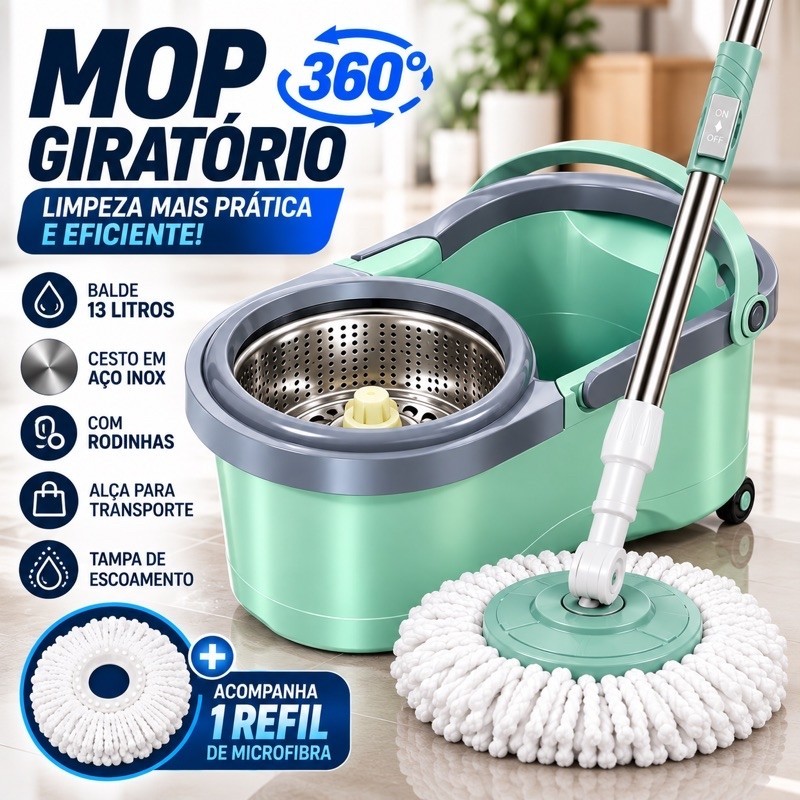 MOP Giratório Inox 13 Litros Esfregão Multiuso com Refil Lava, Limpa e Seca Limpeza Profissional