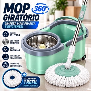 MOP Giratório Inox 13 Litros Esfregão Multiuso com Refil Lava, Limpa e Seca Limpeza Profissional