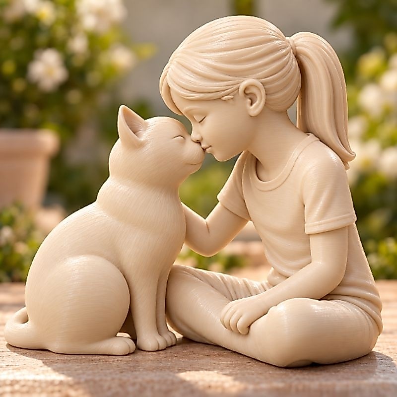 Escultura Menina, menino com Gato 3D Decorativa Amor Pet Estátua Infantil Enfeite Casa Sala Quarto — imagem 2 de 2