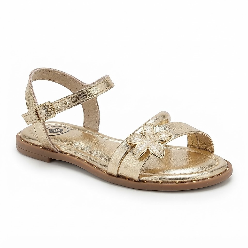 Sandália Infantil Feminina Molekinha Rasteira Flor Glitter Menina Leve Confortável Casual Calçado Dourado Festa