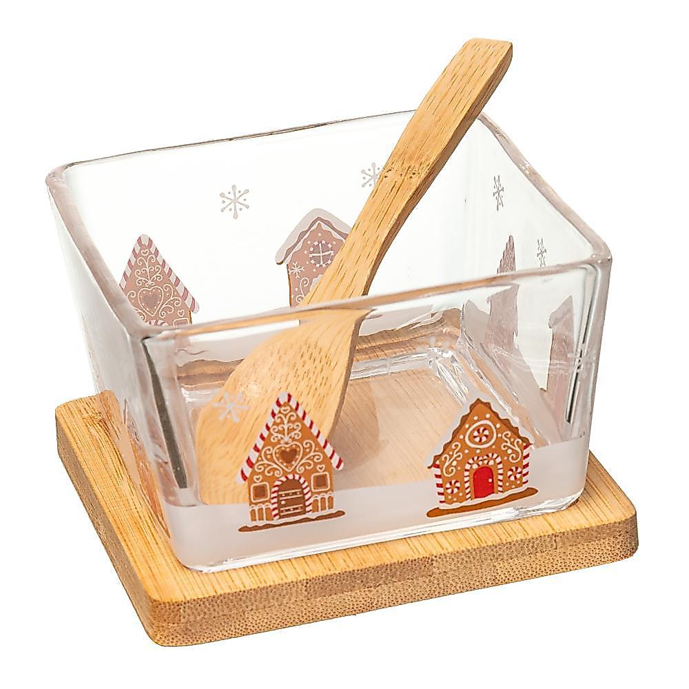 Conjunto 3 Peças Petisqueira Quadrada Colher e Suporte Encanto de Natal 9cm x 9cm x 7cm Bambu - Lyor