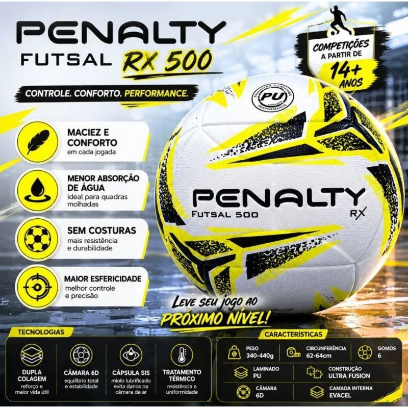 Bola PENALTY Futsal 500 RX XXIII Ultra Fusion PU Quadra e Salão Oficial Original