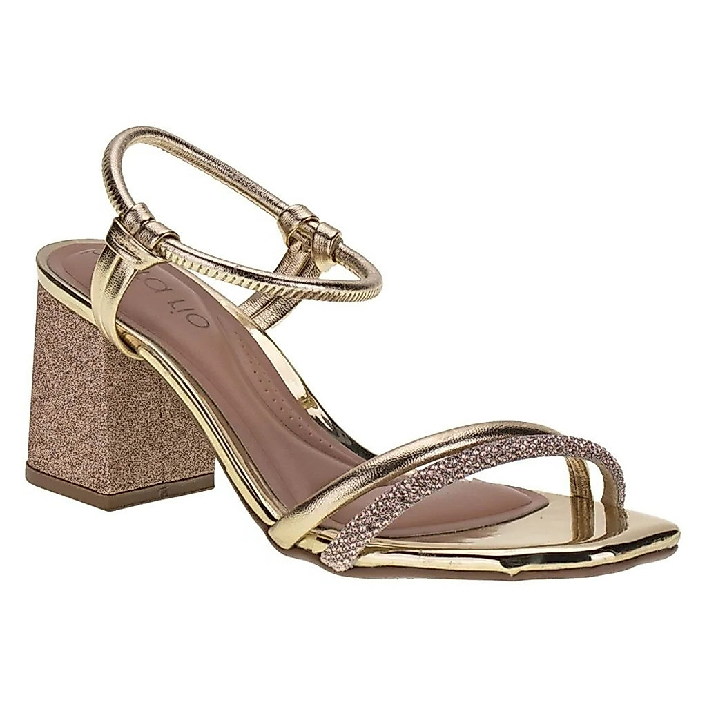 Sandália Beira Rio Salto Bloco Strass Feminina Dourado