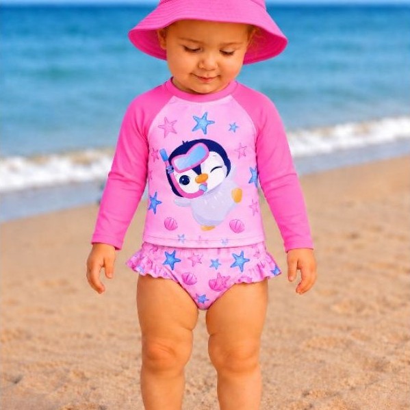 Conjunto de Biquíni Bebê com Blusa Proteção Solar UV 50+ com Chapéu Praia Piscina