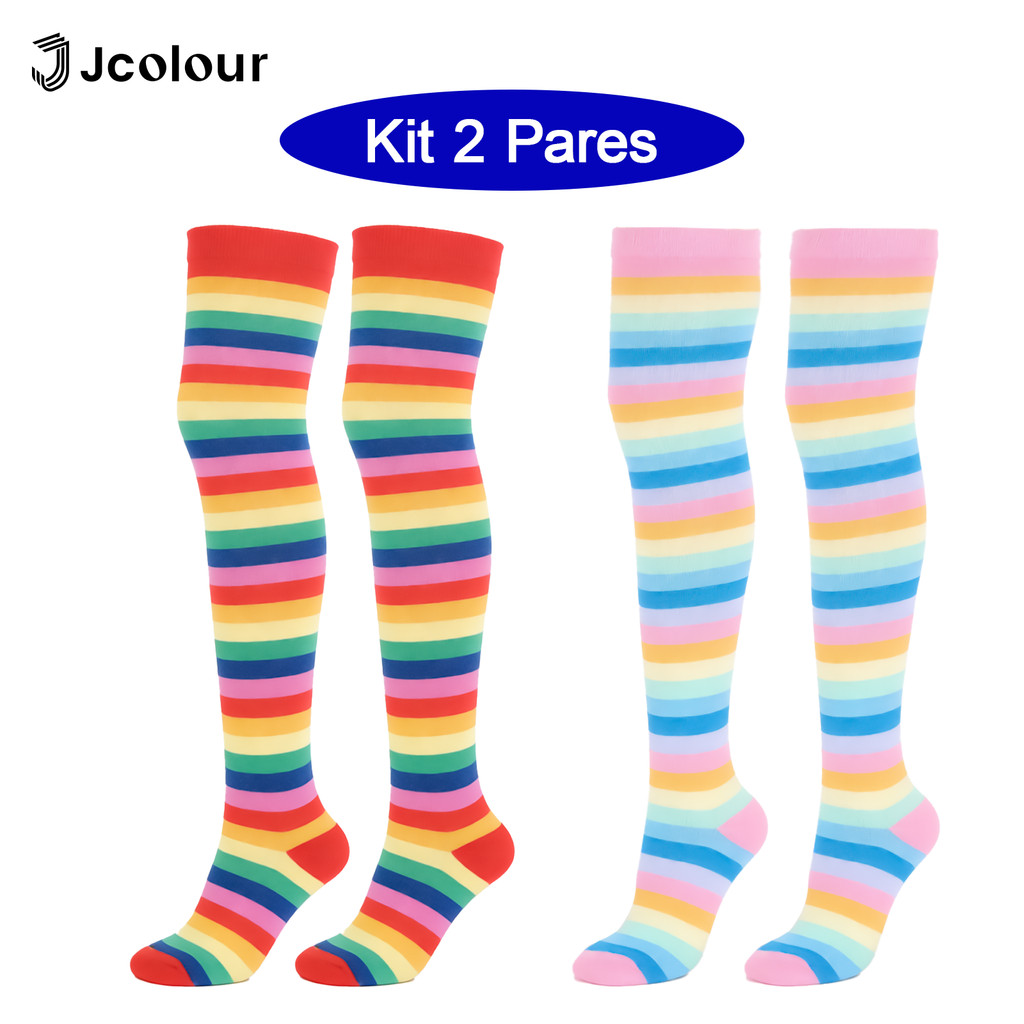 Jcolour Kit 2 Meias Colorida Cano Médio Alto ou Longa Meia Arco Iris Alta para Infantil Adulto 34-40 em Oferta na Shopee