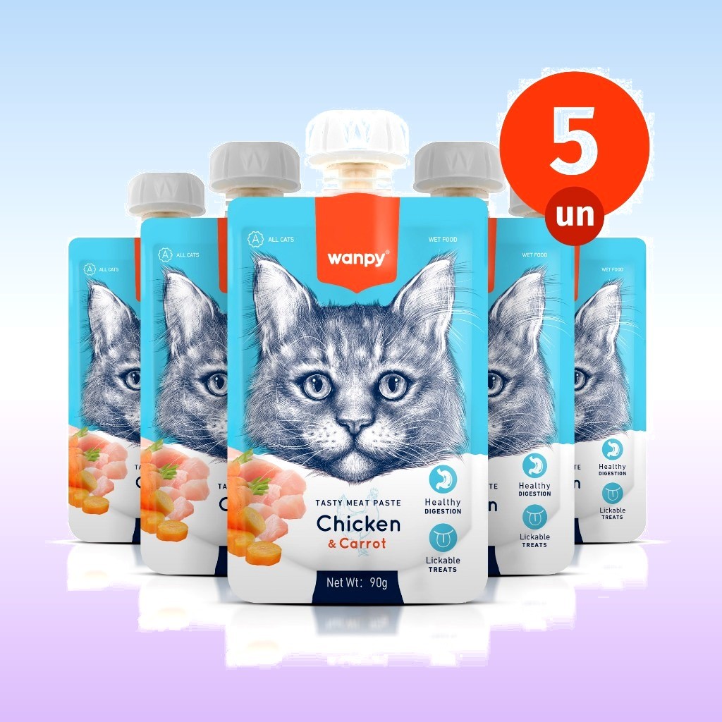 Kit 5 Petisco Truly Wanpy Creamy para Gatos Frango e Cenoura 90 G