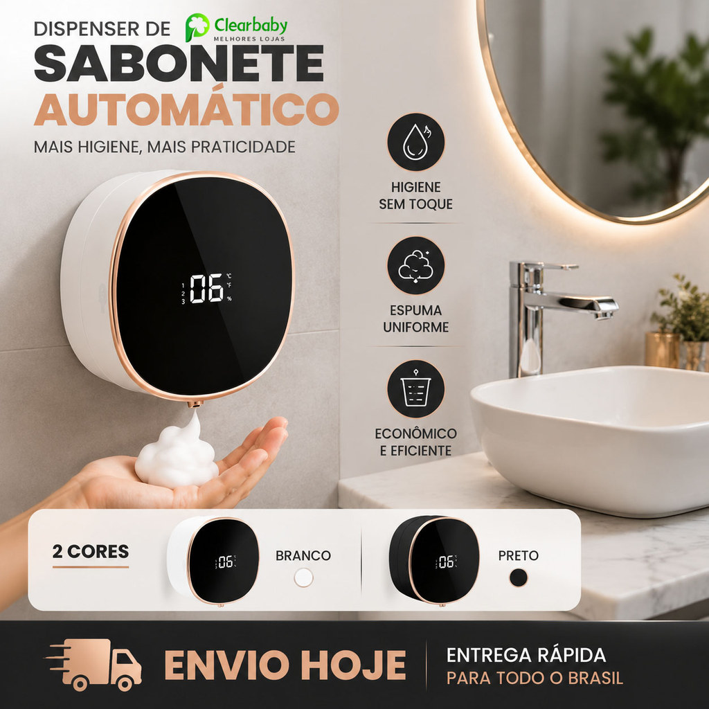 Soap Dispensador Automático de Sabonete  com Sensor Inteligente 280ml Recarregável e à Prova d'Água