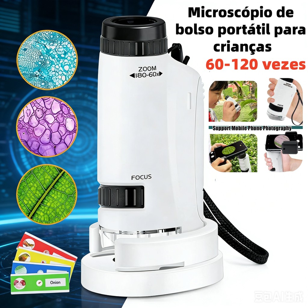Microscópio de bolso portátil para crianças, 60-120 vezes, HD, luz LED, experimento científico, brinquedo de observação