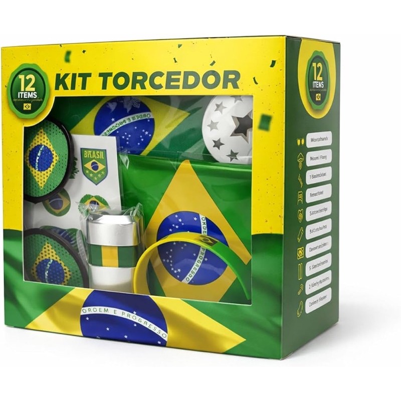 Kit Torcedor Copa do mundo 12 Peças- Calendário de Jogos,Pintura Facial,Bandeira,Óculos,Bastões,Corneta Em Busca do Hexa