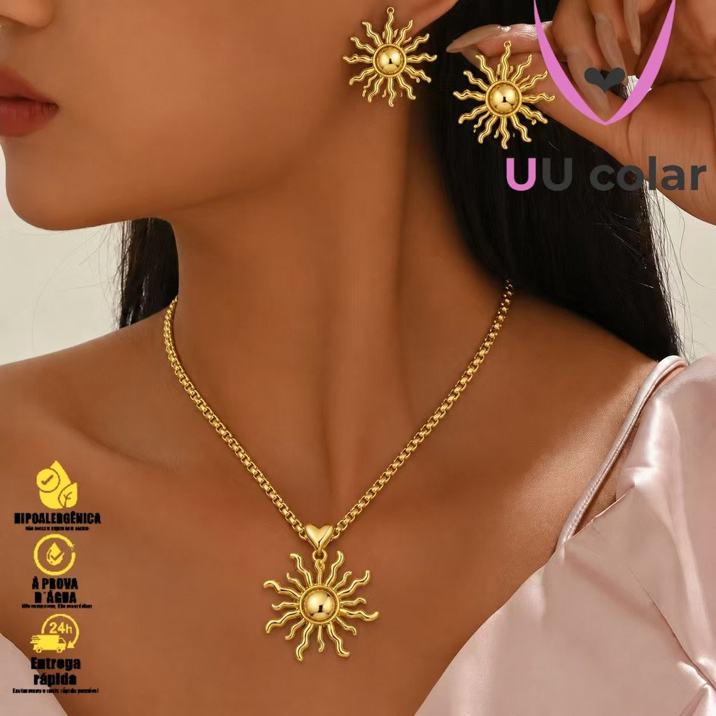 Conjunto de Joias Minimalistas com Sol Dourado em Ago Inoxidavel para Meninas