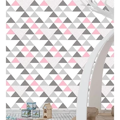 Papel de Parede Adesivo Geométrico Triângulos Cinza e Rosa Autocolante 2,00 mts