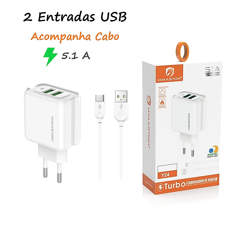 Carregador Turbo 25w 2 USB 5.1A Fonte Torre Tipo-C Type-C Carregar Portátil Com Cabo Hub