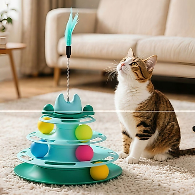 Brinquedo Interativo para Gato Torre com 3 Bolinhas e Pena, 4 Níveis de Diversão