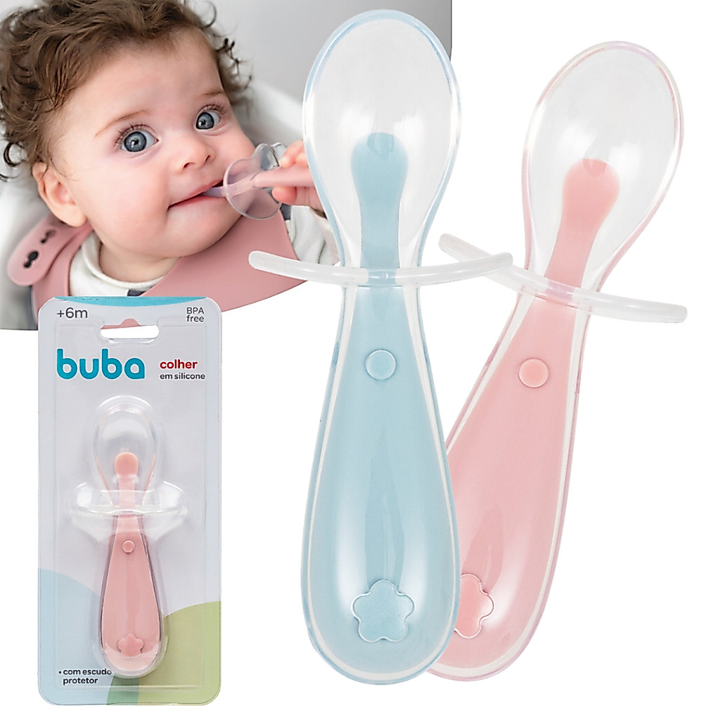 Colher Em Silicone Bebes Buba Com Escudo Protetor Anatômica Azul ou Rosa