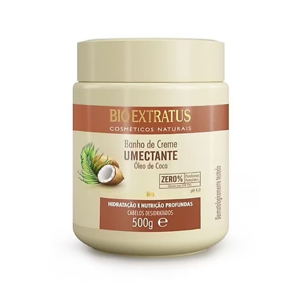 Pote de 500g do Banho de Creme Umectante Bio Extratus com tampa bege, rótulo contendo informações sobre hidratação, nutrição e óleo de coco.