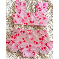 🍒Biquíni Infantil Menina Estampa Cereja com Babados | Conjunto Moda Praia