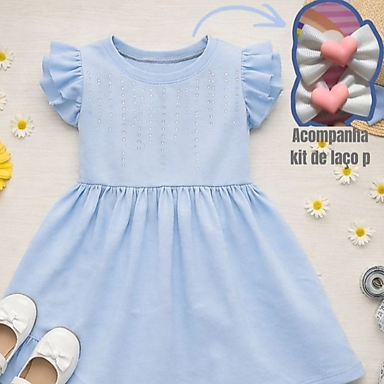 Vestido Infantil Menina em Algodão 2 ao 8 Anos + laço para cabelos  Premium Brilho Casual Blogueira.