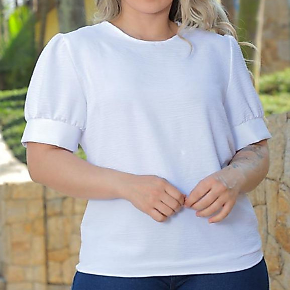 blusa feminina lisa gola redonda manga curta casual elegante tecido duna confortável para trabalho