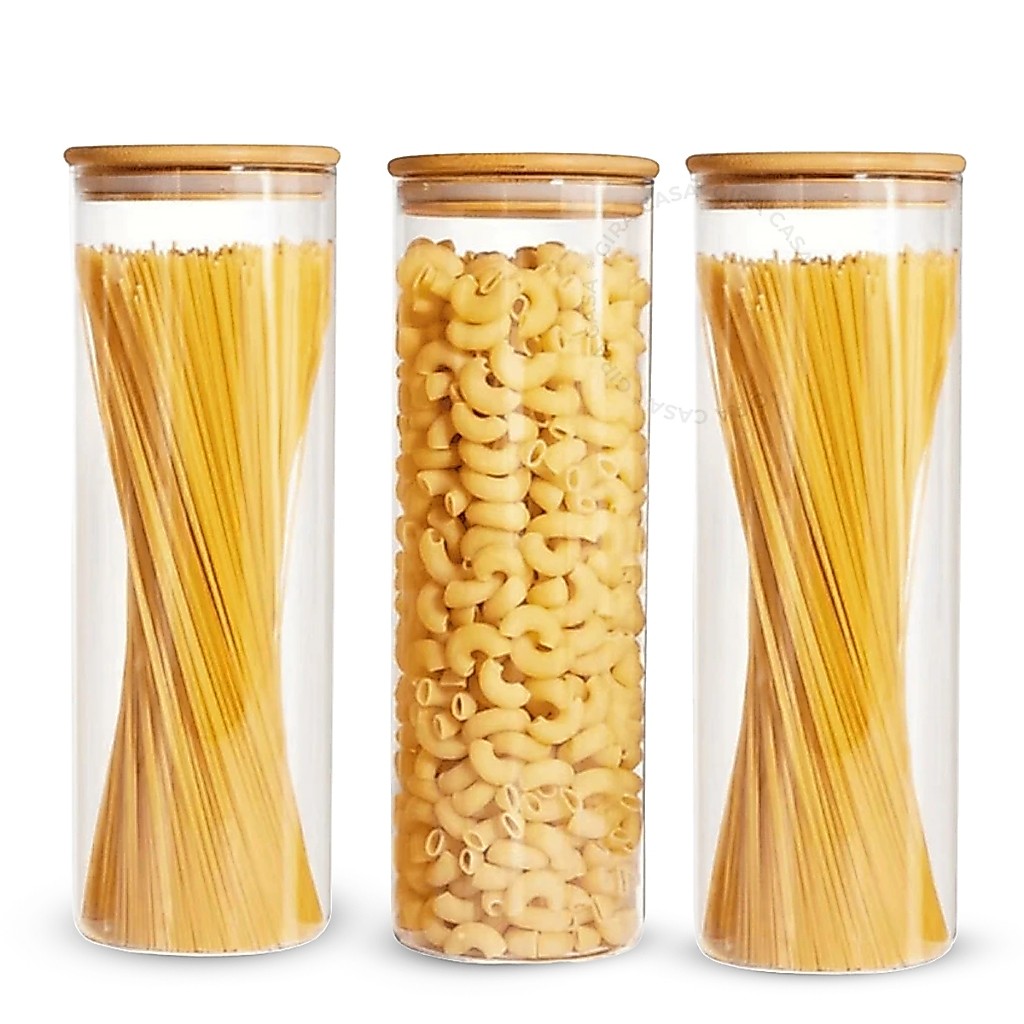 Potes de vidro 2L tampa de bambu hermético madeira borossilicato porta alimentos macarrão