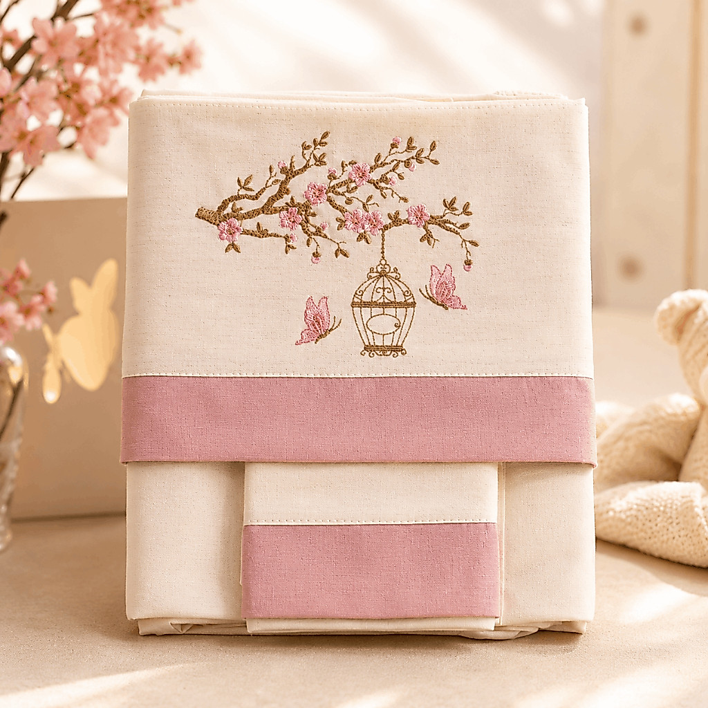 Jogo Lençol 3 Peças Berço Americano 100% Algodão Linho Luxo Menina Rose Flores Jardim Bordado