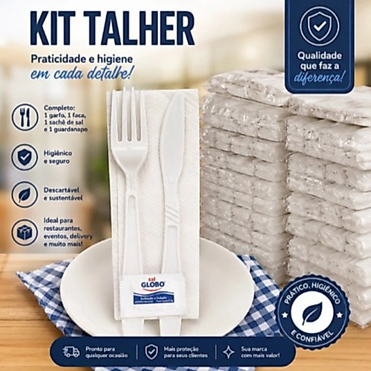 Kit Ate 100 Unidades Garfo Faca Sal Guardanapo Descartavel Embalados Restaurante Delivery Festa