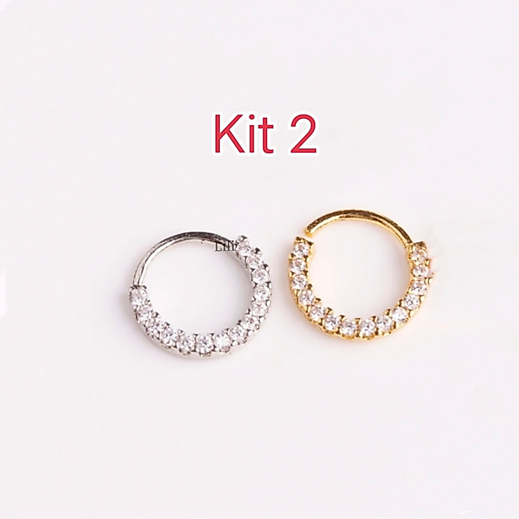 Kit 2 Piercing de Argolas Cravejadas Com Zircônia Prata E Dourada.
