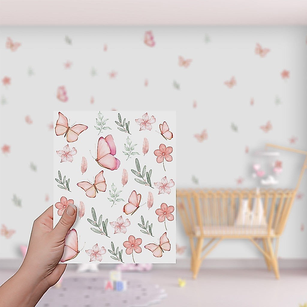 Adesivo De Parede Decorativo Borboletas Floral Raminhos Flores Rosa Quarto Menina Feminino