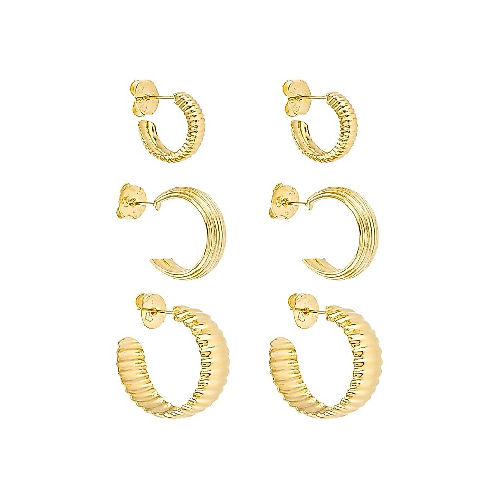 TRIO DE ARGOLAS TRABALHADAS P, M E G FOLHEADA A OURO 18K PIUKA