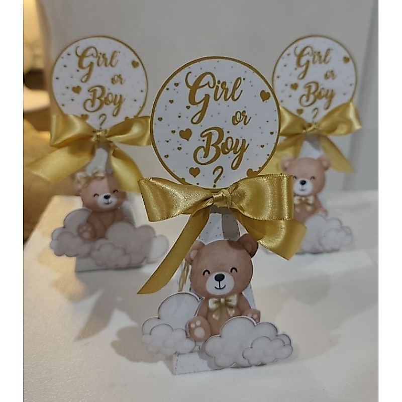 .Caixa Pirâmide Cone Chá Revelação Ursinho Neutro Luxo - Lembrancinha Personalizada Boy or Girl.