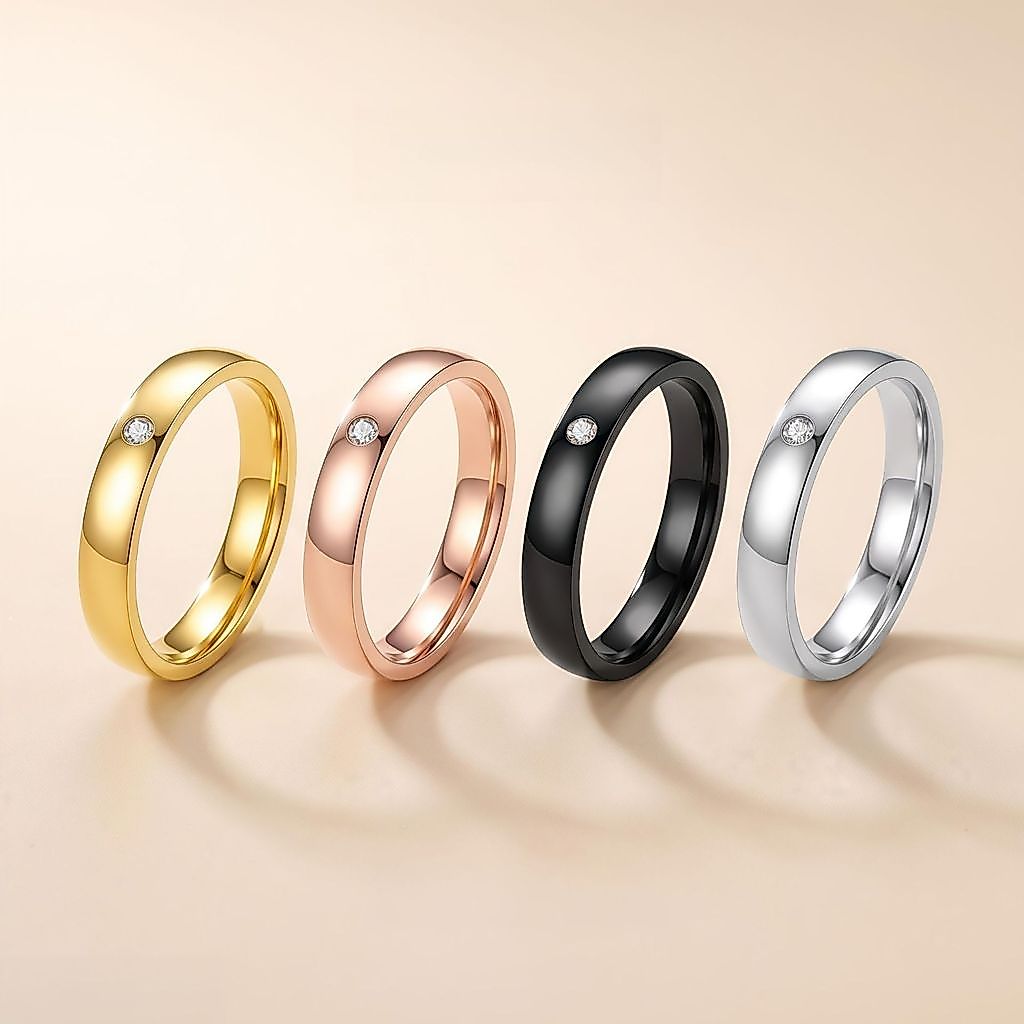 Anel simples e elegante com diamantes, anel de aço inoxidável, anel de diamante popular e de luxo leve para homens e mul