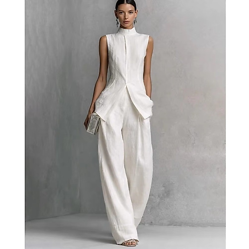 Conjunto Elegante De Gola Alta Sem Mangas E Calças Largas 202608A